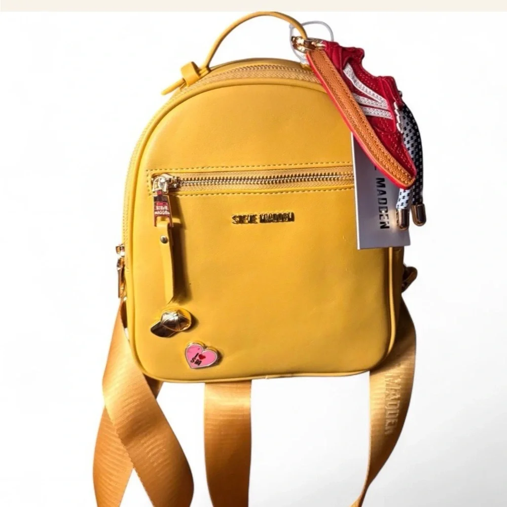 Steve Madden BBLogo Mustard Yellow Mini Backpack w sneaker charm & fun pins - Picture 2 of 8